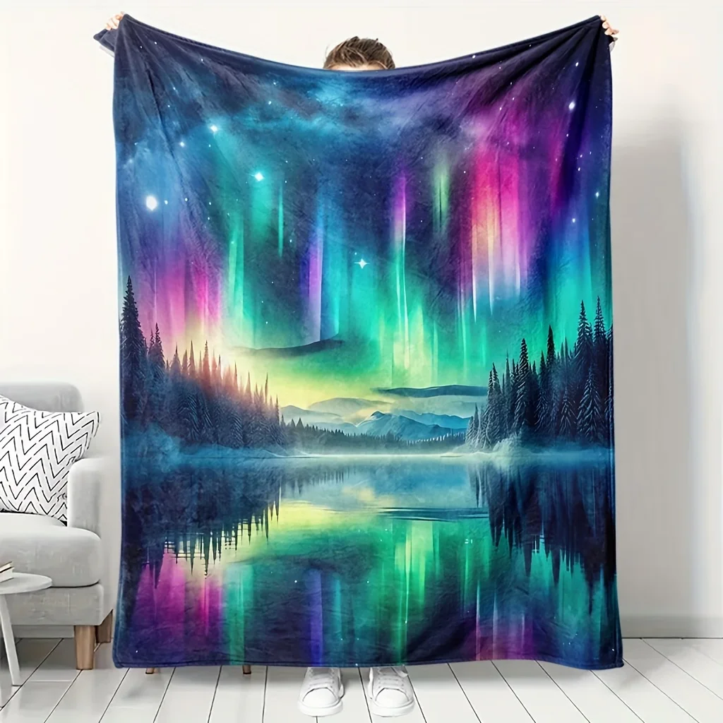 Starry Sky Background Color Aurora Pine Forest Lake Reflection Natural Scenery Full Print Fluffy Blanket Warm Couch Cover Gift