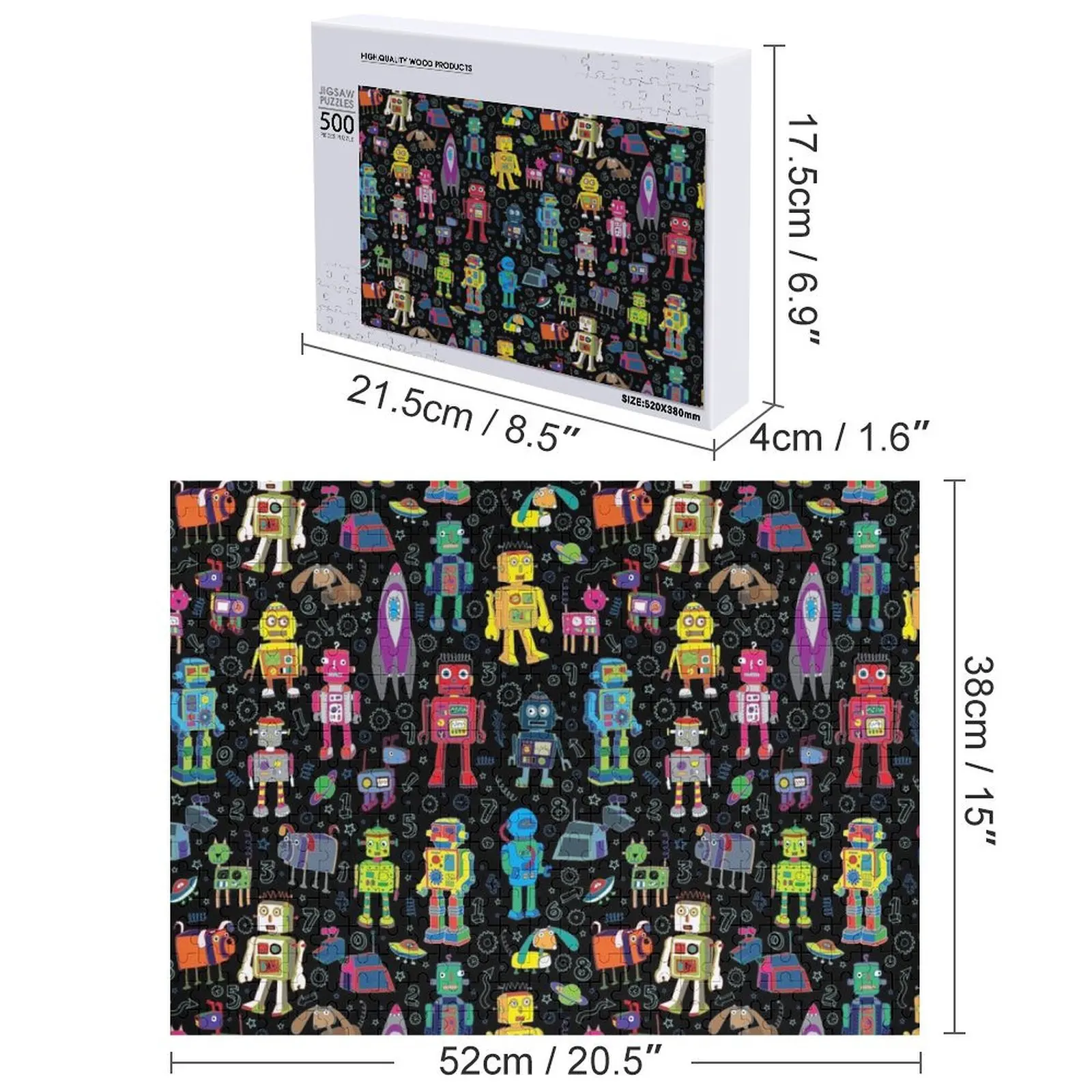 الروبوتات في الفضاء - أسود - نمط ممتع من Cecca Designs Jigsaw Puzzle Wood Photo Personalized Baby Wooden Puzzle