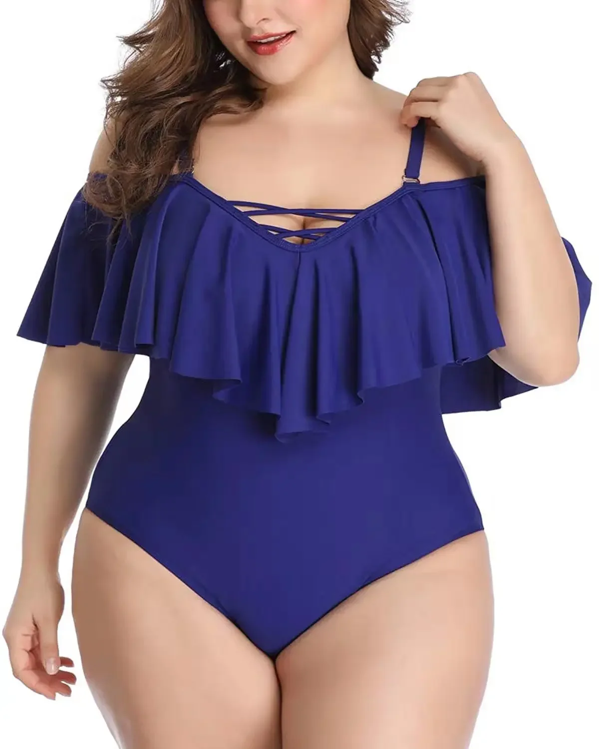 Plus Size Swimwear Ruffled One Piece Swimsuit Women Shoulder Off Bathing Suit Large Size Monokini Bandage Swimsuit 2022 dropship