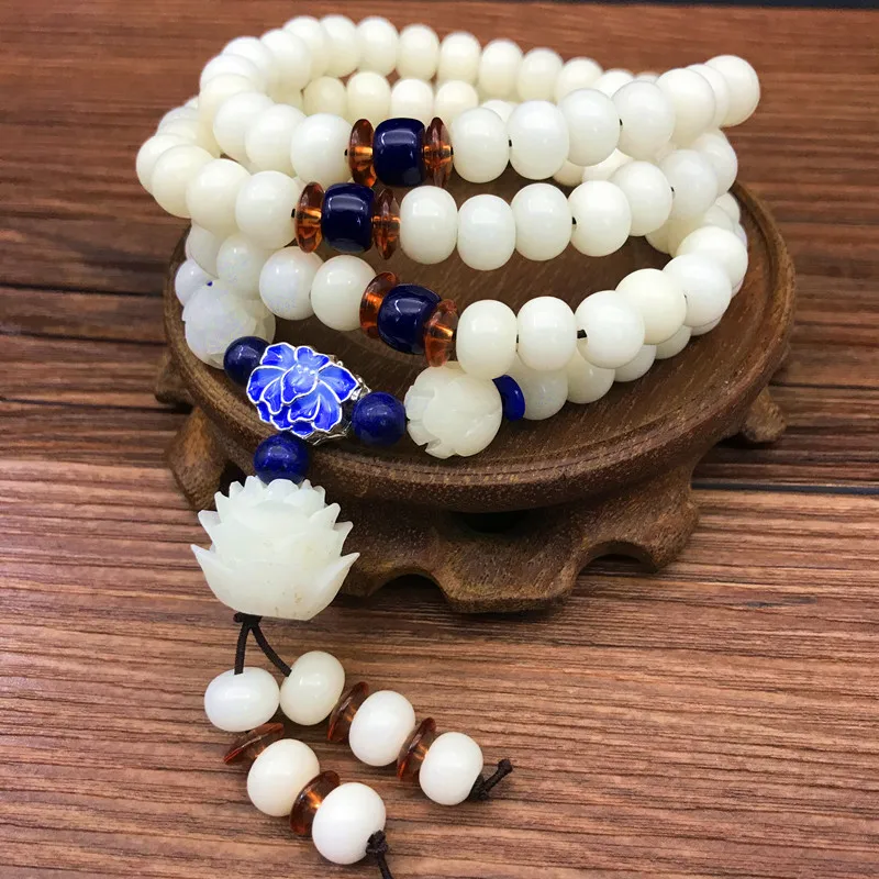 Vintage Root with 108 White Bodhi Lotus , Buddhist Prayer Beads, Handheld Bracelet