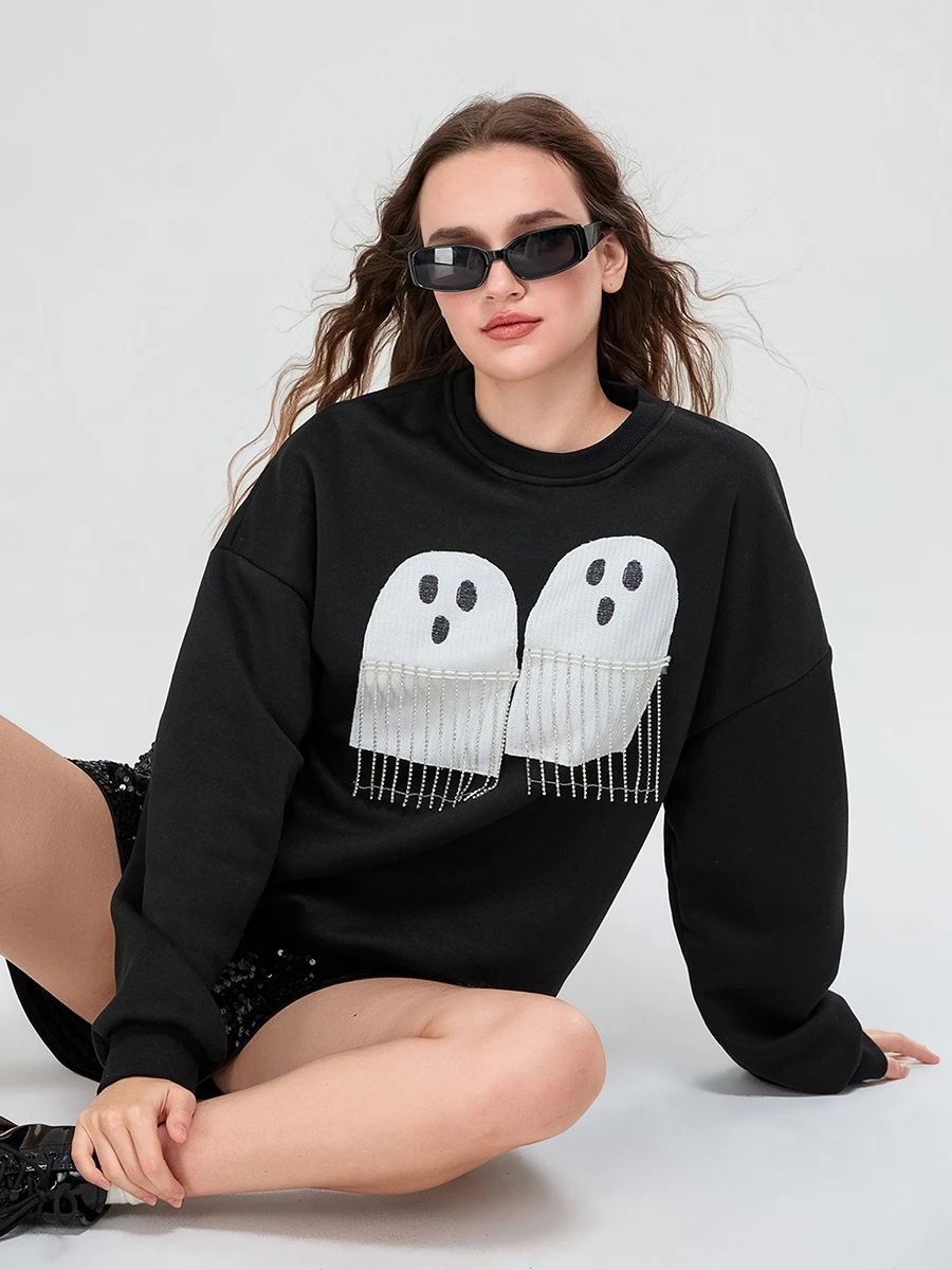 Moletom feminino com capuz de Halloween manga comprida gola redonda fantasma com borla pulôver outono tops