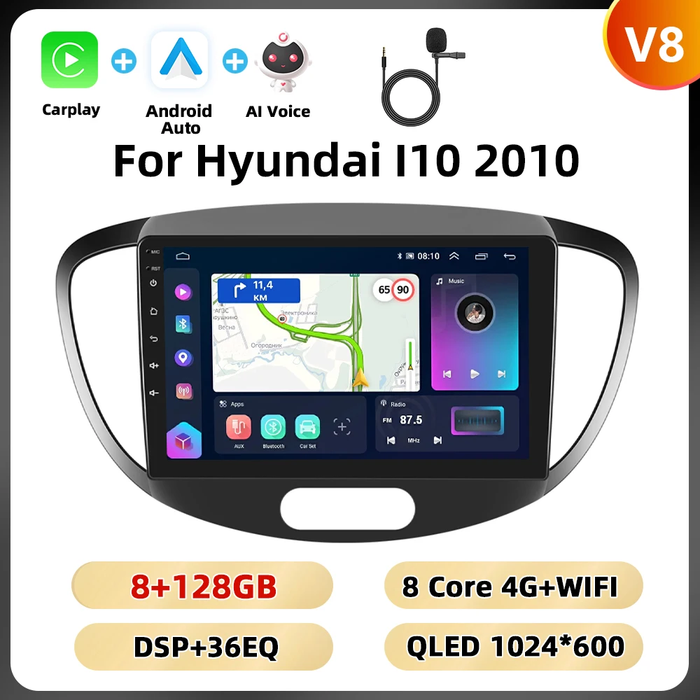 Podofo 8 + 128G 9 ''Autoradio Voor Hyundai I10 2010 Multimedia Speler Android Auto Carplay 8Core spiegel Link Bluetooth WIFI 4G RDS