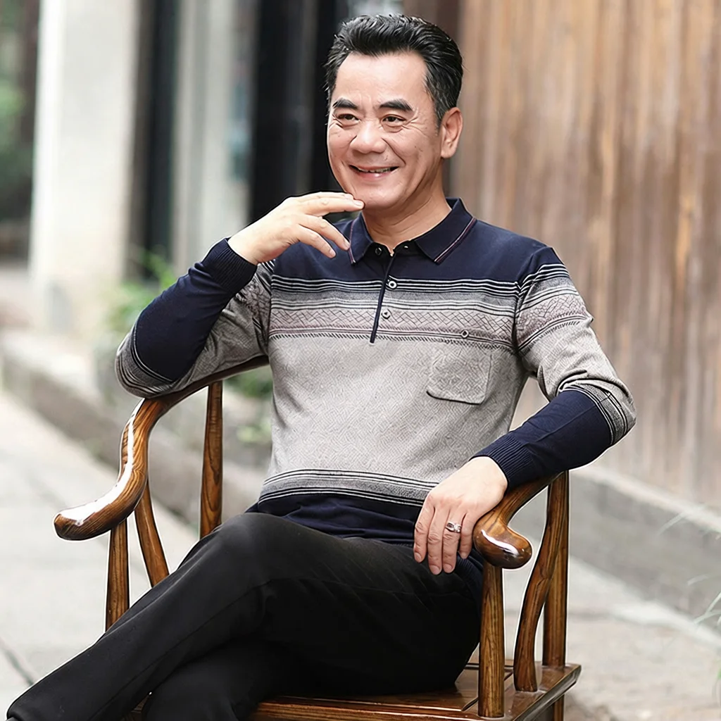 

Long Sleeve Knitted T-Shirt for Middle-Aged And Elderly Men Flip Collar Base Shirt Grandpa's CleanFit Polyester Fiberwear