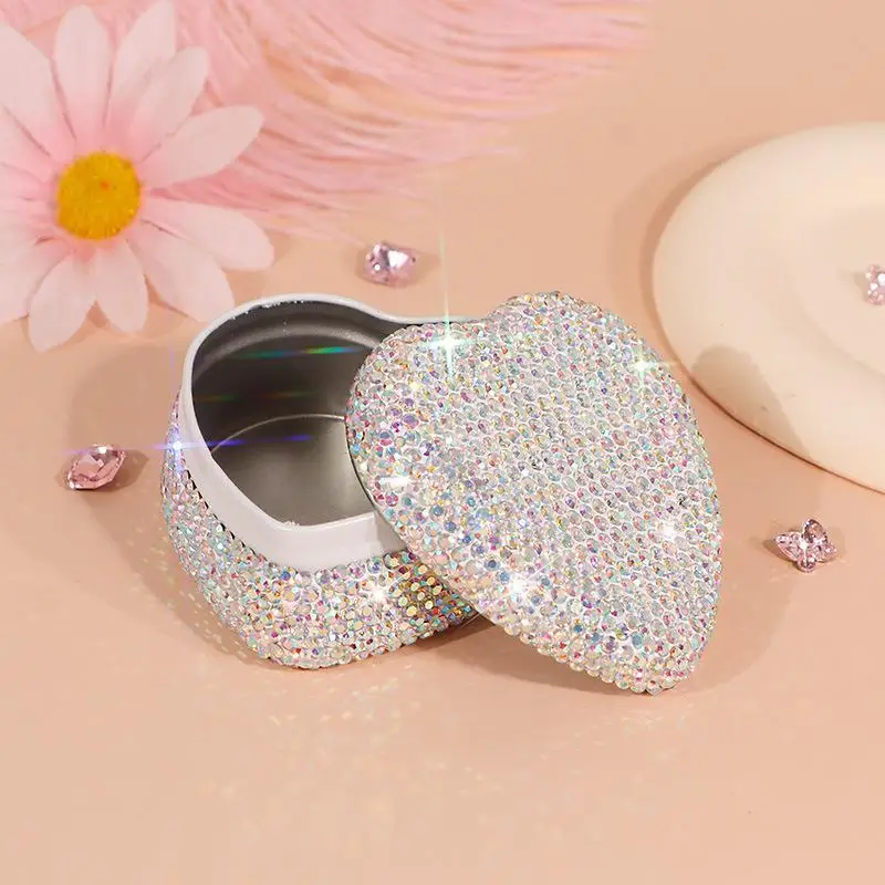 Sparkling Rhinestone Metal Tin Box Tinplate Jewelry Necklace Storage Case Heart-shaped Empty Box Mini Candy Pill Organizer