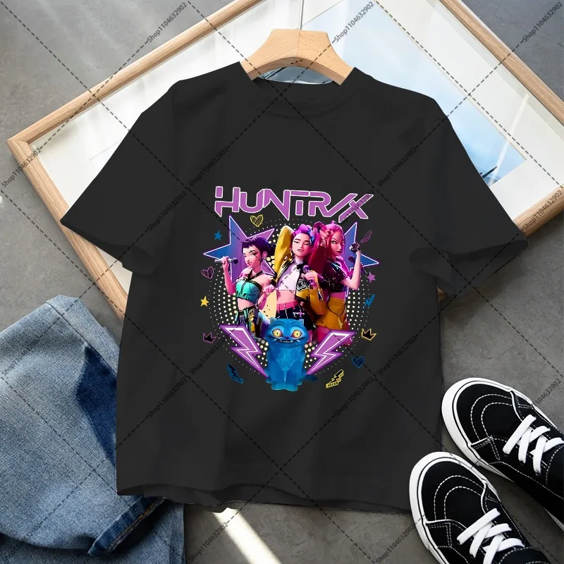 KPop Demon Hunteres เสื้อยืดสีดำการ์ตูนอะนิเมะแขนสั้นชายหญิงฤดูร้อนเสื้อผ้าเด็กแฟชั่น Tee ของขวัญวันเกิด