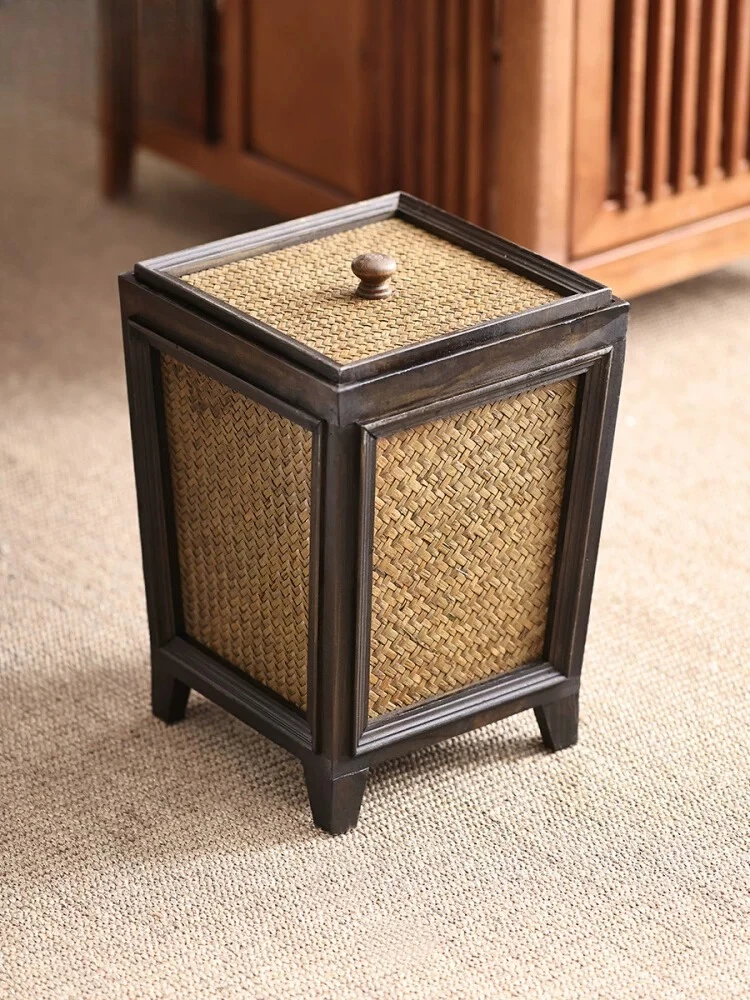Chinese retro wooden paper basket,ancient bamboo woven trash basket in living room,household solid wood Zen high-value trash can