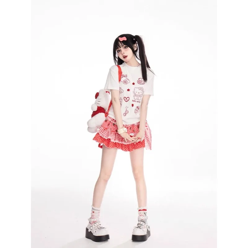 Japanische Kawaii Lolita Stil Y2k Mini Rock Frauen Süße Erdbeere Druck Rüschen Punk Kuchen Rock Mädchen Nette Schleife Rock Faldas Mujer