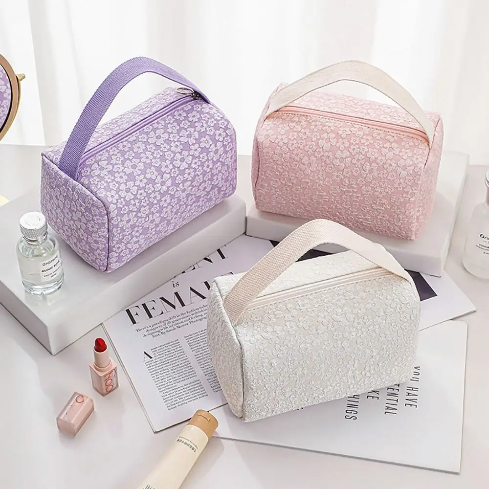 New Polyester Fiber Cosmetic Bag Large Capacity Candy Color Toiletries Bag Floral Zipper Travel Storage Bag Women