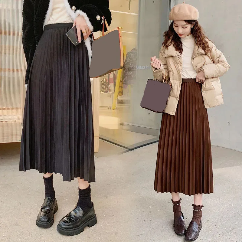 Lucyever Solid Woolen Pleated Skirts Women Autumn Winter All-Match Thicken A-Line Skirts Female Vintage High Waist Midi Skirt