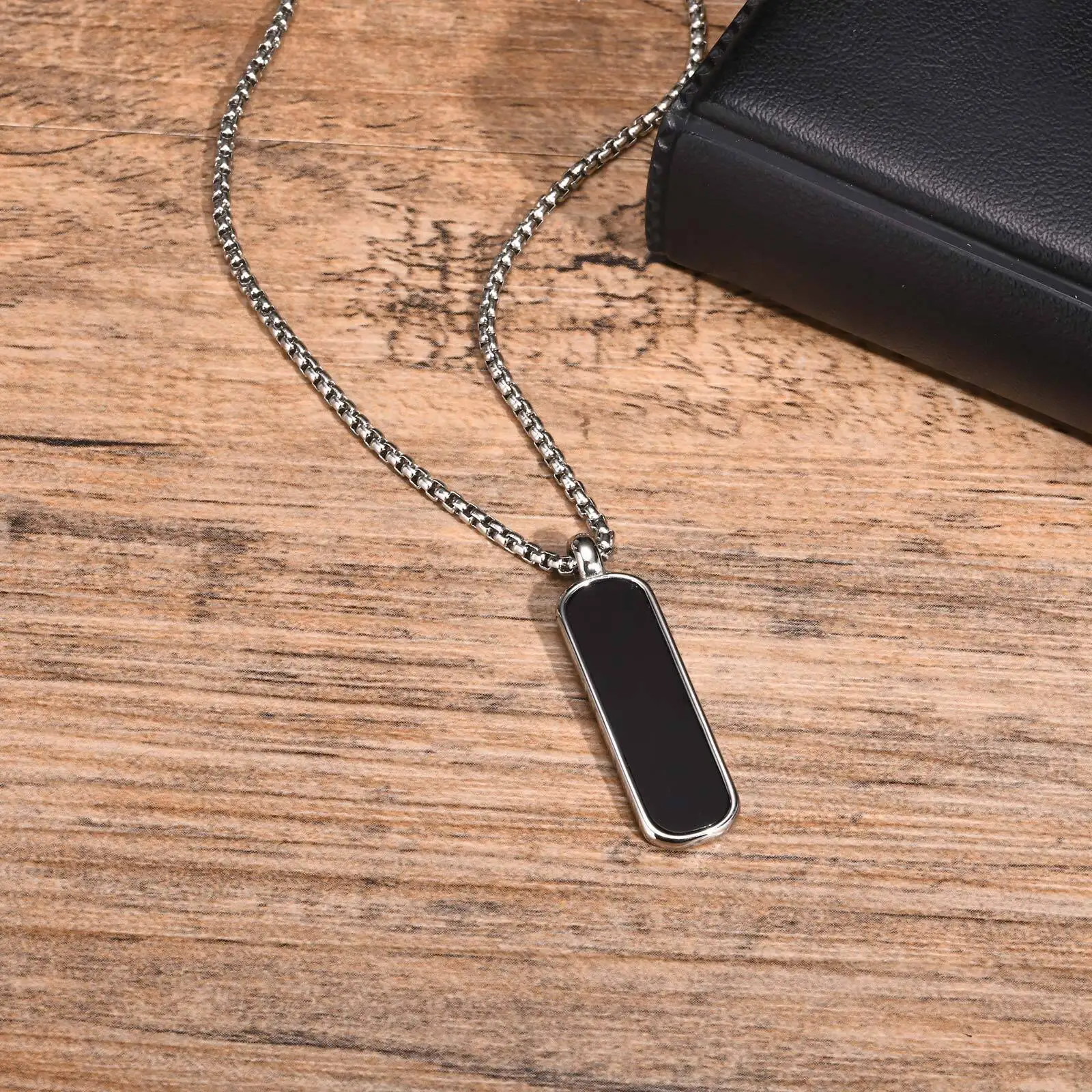 Stylish Black Rectangular Pendant Necklace for Men Boys,Acrylic Pendant with 60CM Stainless Steel Box Chain Gifts