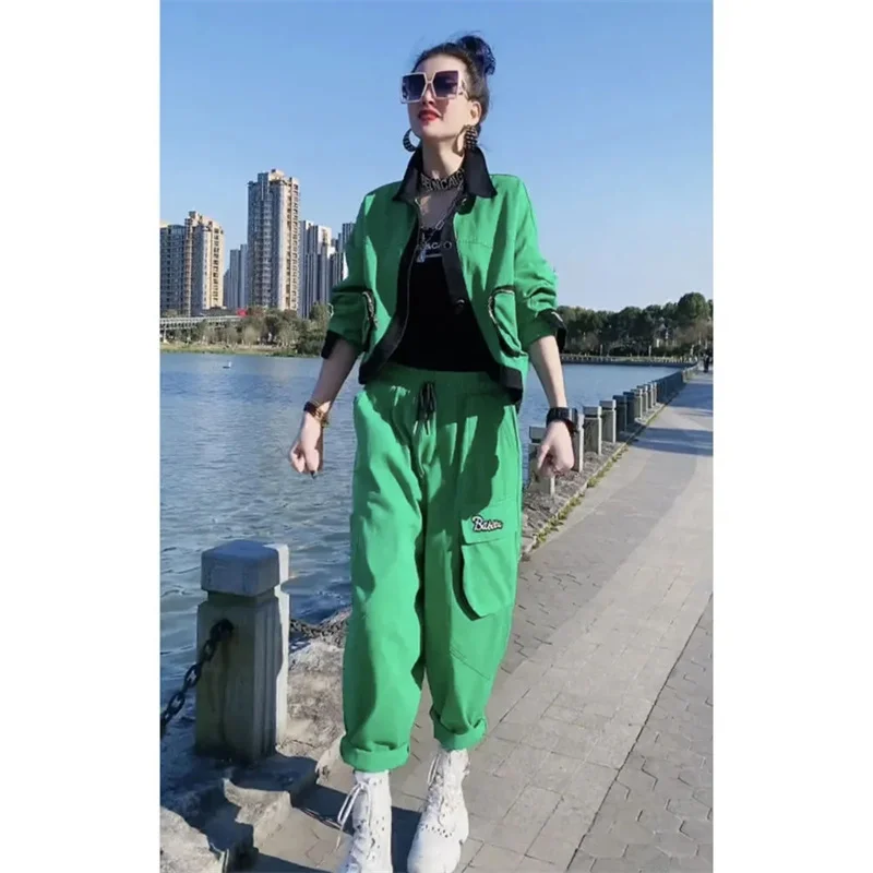 Green Fried Street Long Sleeve Two-piece Suit 2024 Spring and Autumn New Ladies Fashion Big Pocket Design Sense Joker Loose Set