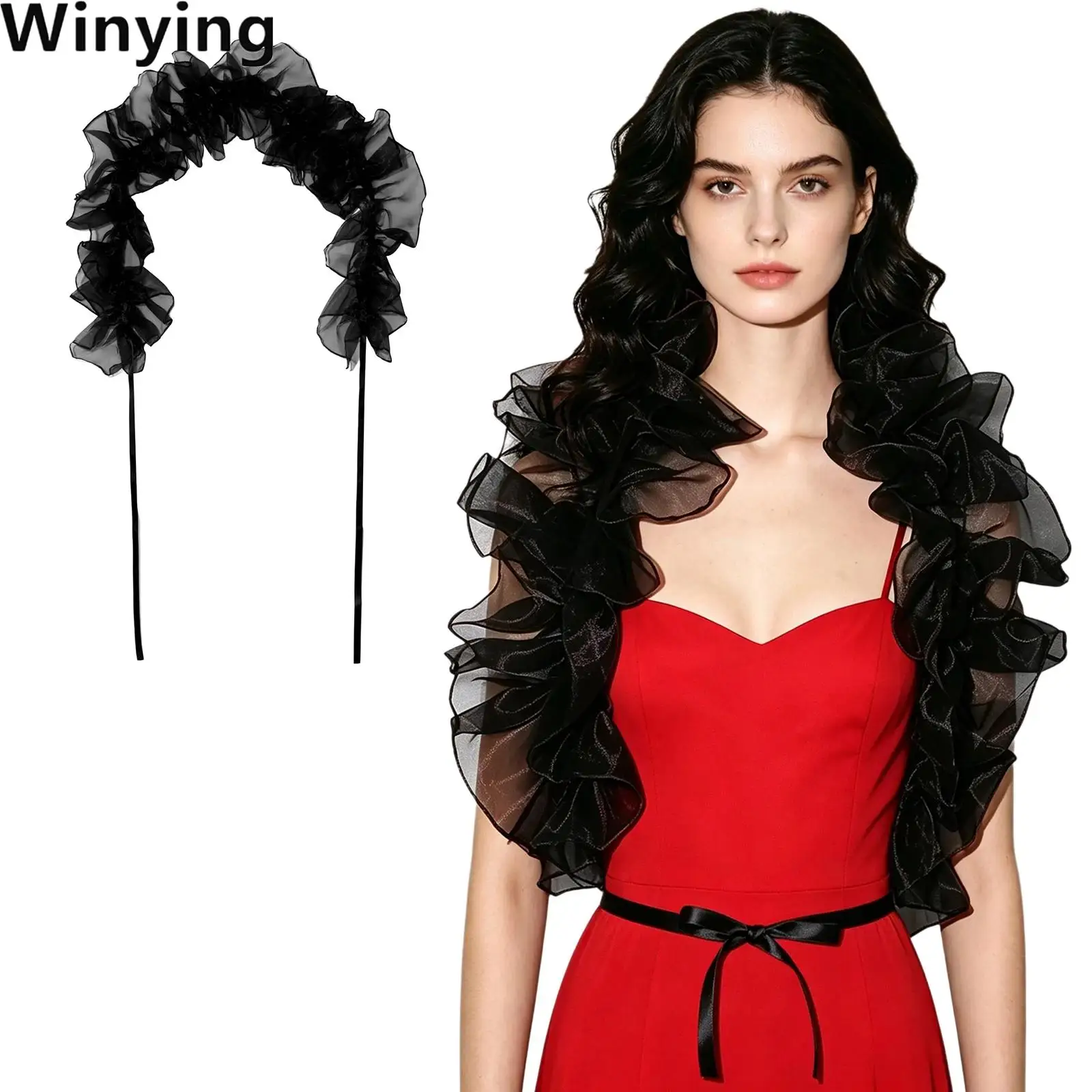 Ruffled Sheer Tulle Cape Shawl with Tie Straps Costume Accessories for Halloween Cosplay Masquerade Party