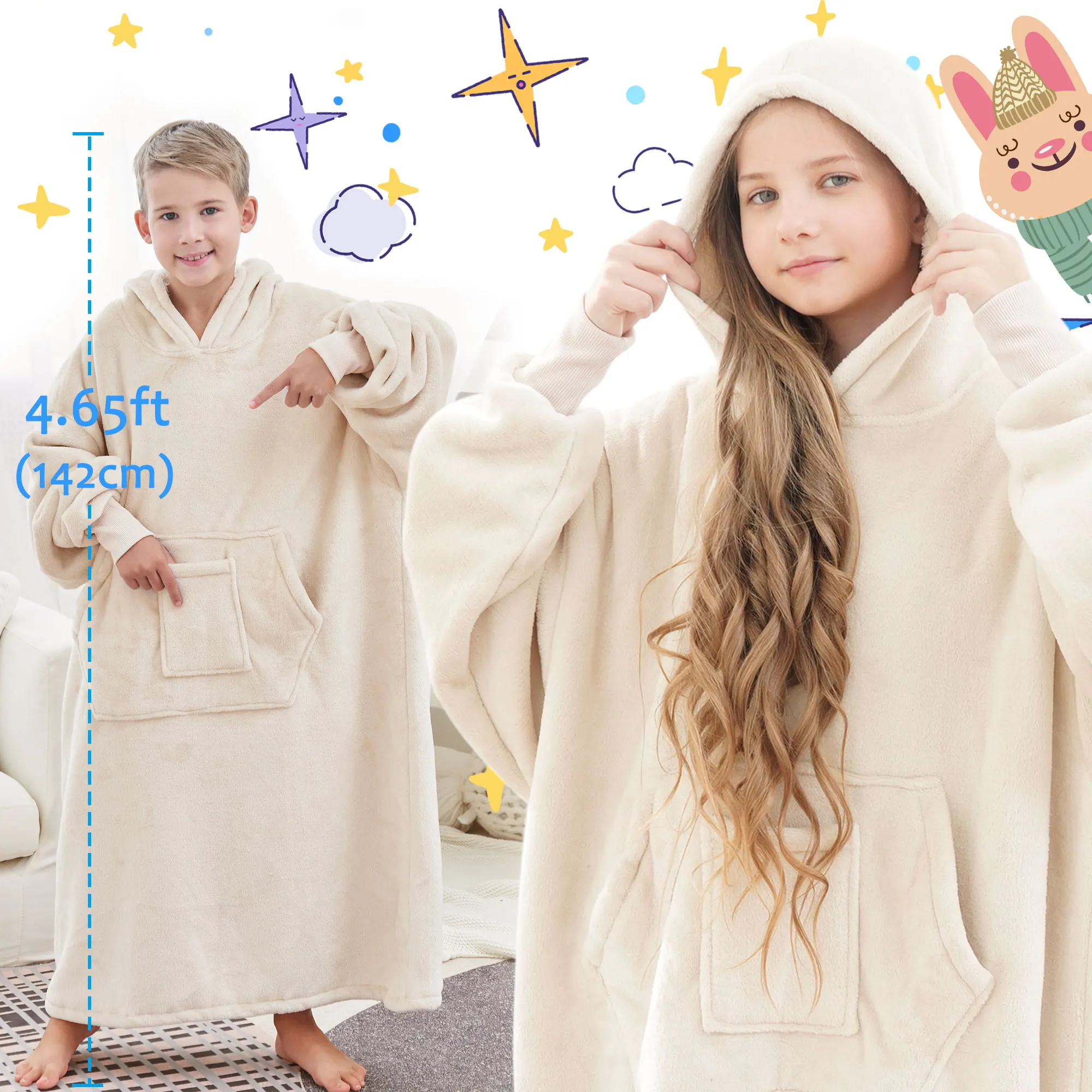 Großer Kinder-Sweatshirt-Pyjama mit Kapuze, mit Bündchen und Taschen, mit Innenseite aus Fleecefutter, hält warm und dick