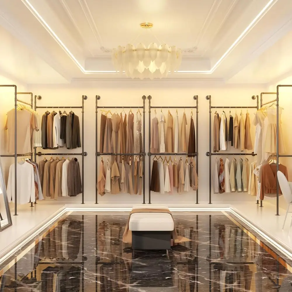 3.5FT Reversible Industrial Style Hanging Clothes Rack, Heavy Duty Wall Mounted Wardrobe, Compact Walk-in Closet System, Black