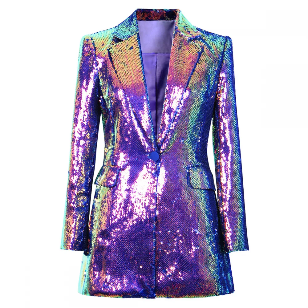 Fashion Stage Sequin Colorful Polo Collar Single Button Long Sleeve Slim Fit Shiny Costume Outerwear Women Purple Blazer 2025