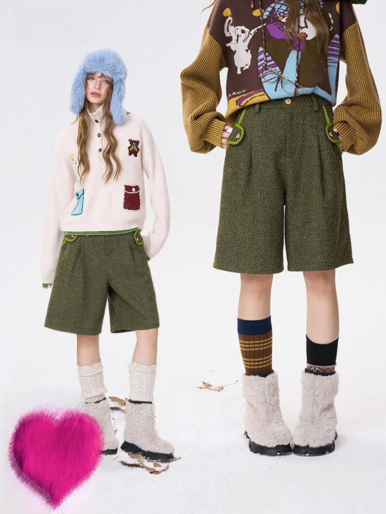 

Elfsa Vintage Wooden Button Five-Quarter Casual Pants Women Winter Loose Fit Straight Leg Trousers Casual Comfortable Ladie...