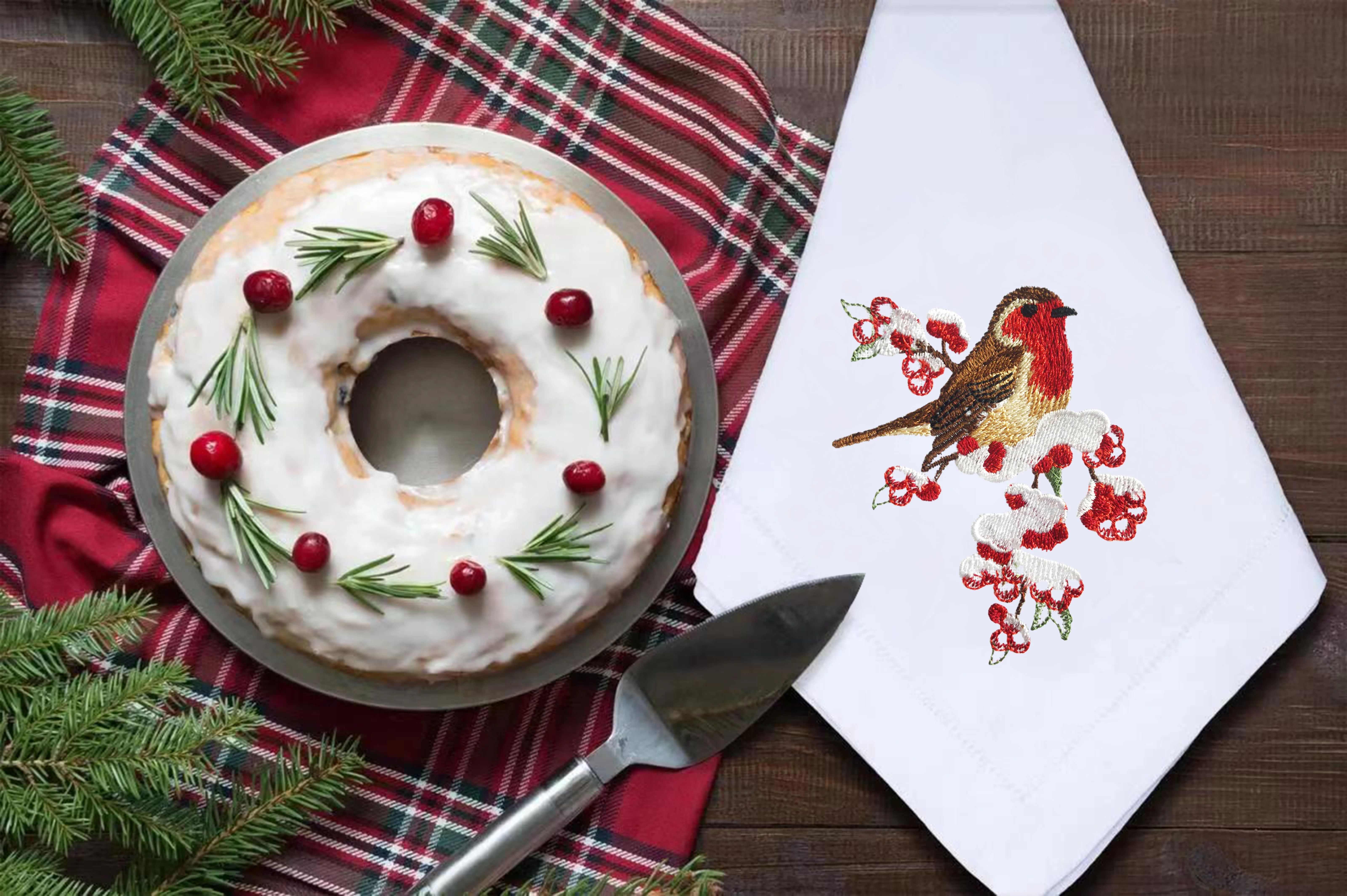 @Adorable Christmas Birds Embroidery Napkin, Placemat, Hemstitch, Cotton+Linen, Table Decoration