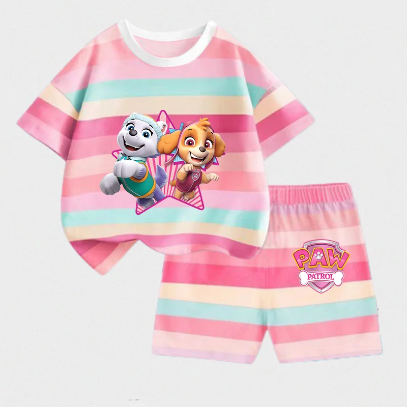 2pcs Paw Patrol Sets Kids Baby Girls Summer Stripes Suits Skye Kawaii Anime Figure T-Shirt Shorts Casual Fashion Clothes Gift