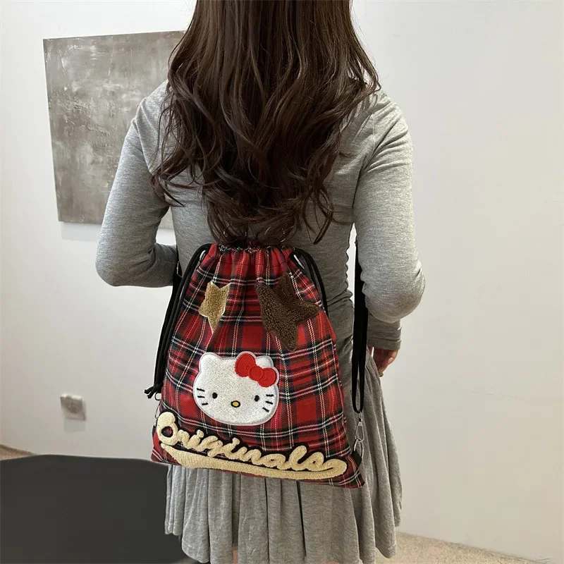 Sanrio Hello Kitty Convertible Backpack Cute Retro Red Checkered Single Shoulder Bags Y2K Canvas Multi Functional Shoulder Bags