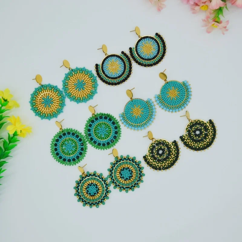 

2025 Original Handmade Beaded Earrings Green Sector Bohemia Crystal Originality Hand Knitting Roundness Design Earring for Women