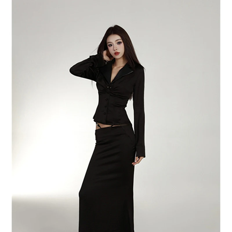 MEXZT Camicie nere vintage da donna Camicette eleganti a maniche lunghe in raso corto da donna da ufficio Coreano colletto rovesciato Design Top Nuovo