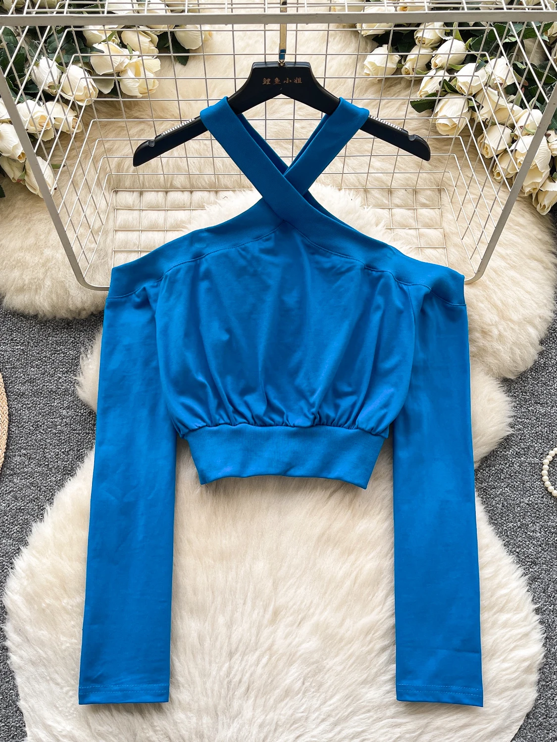 

Korejpaa Casual Women T Shirt Spice Girl Design Cross Neck Suspender Slim Waist Long Sleeve Top Autumn French Chic T-Shirts