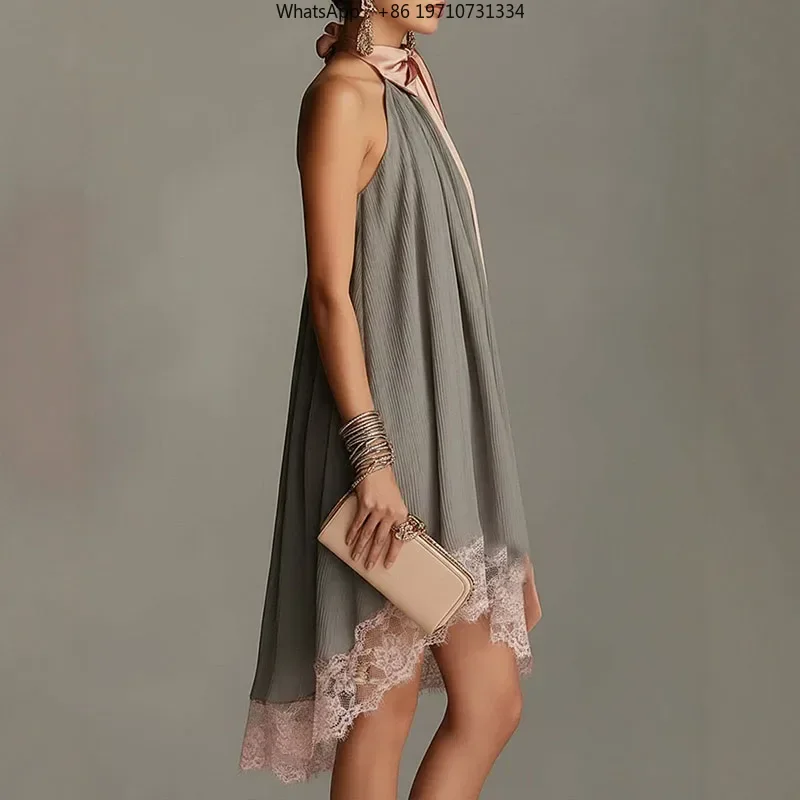 Women Halter Mini Dress Big Bow Neck Pleated Lace Hem Irregular Short Dress Wedding Guest Cocktail Party Dress