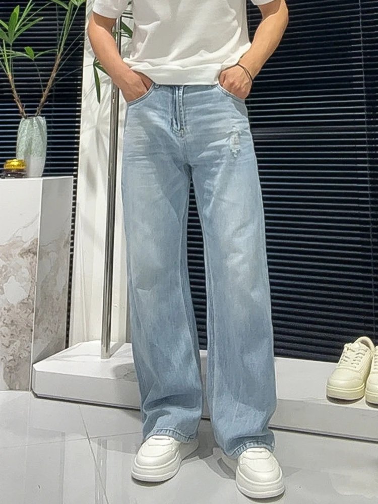 Trendy Ripped Loose Fit Men's Jeans Summer Fashion High Street Washed Straight Leg Pants Youthful Versatile Style Jeans