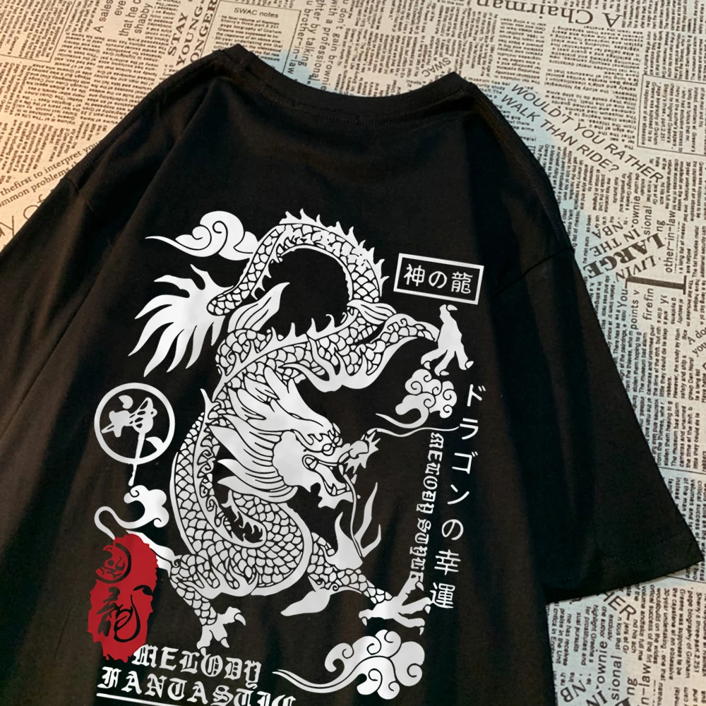 The Harajuku Dragon Funny Pattern Tshirt Men Vintage Loose Cotton Tops Couple Summer Clothes Simplicity Oversize T-Shirt Women