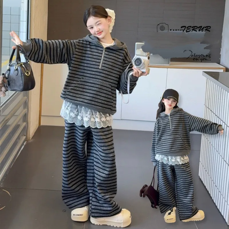 2026 Girl Stylish Striped Hooded Half Zip Sweatshirt+Lace Patchwork Pant Set School Kids 2PCS Tracksuit Children Jogger Outfit