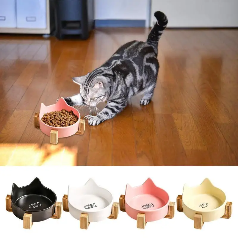 Cat Bowls Ceramic Anti-Slip Water Bowl For Pets Spill-proof Dog Cat Bowls Cat Feeding Bowl With Wooden Stand Cute Cat Ear Pet