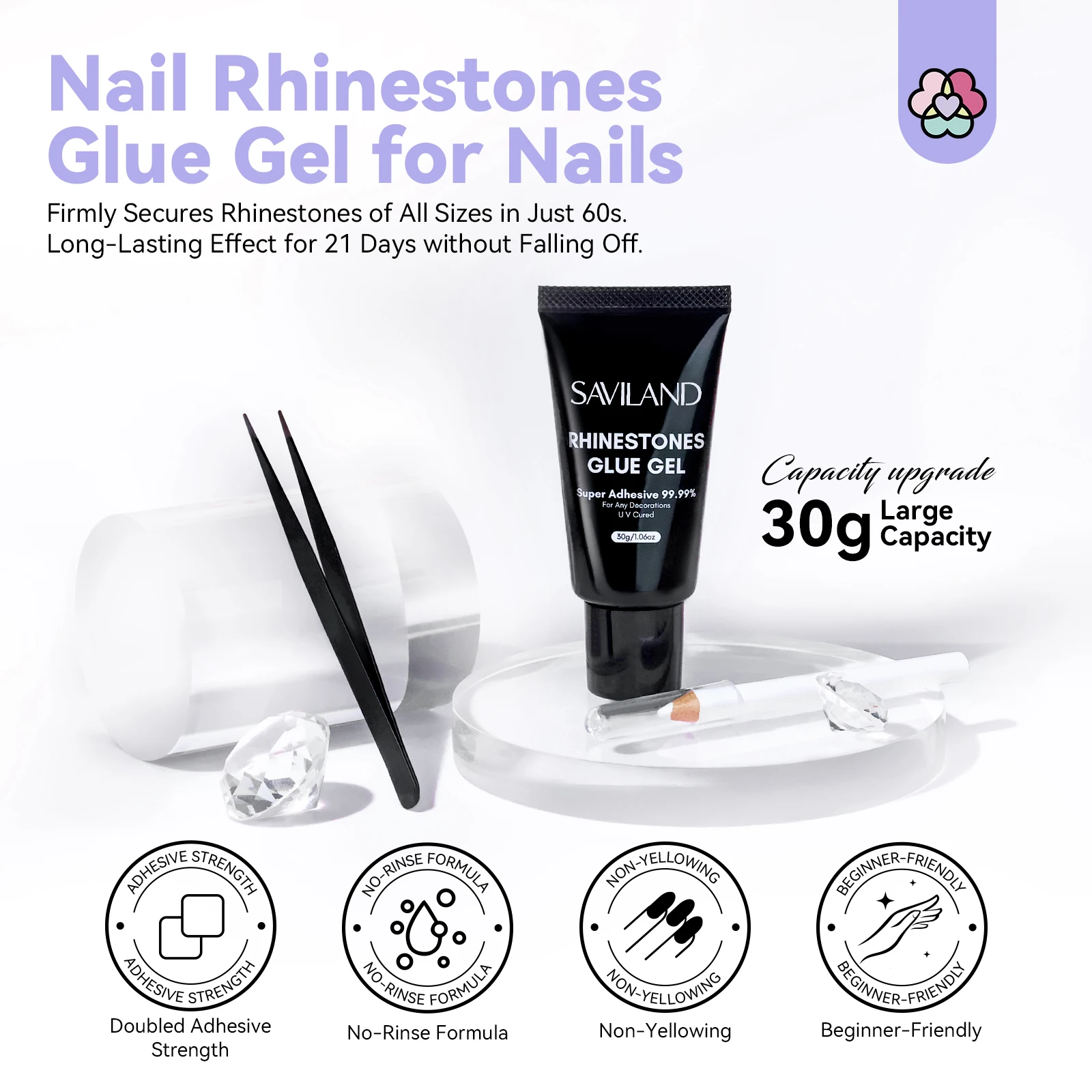 SAVILAND 30g Super Strong Nail Glue for Rhinestones Gems with Picker Tool Tweezer 3D Nail Art Easy Use UV Cured for Home Salon