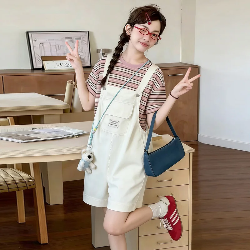 Girls Preppy Outfits For Girls Striped Tee Overalls Shorts 2 Piece Set Back To School Casual Summer Kids Clothes 6 8 10 12 Years