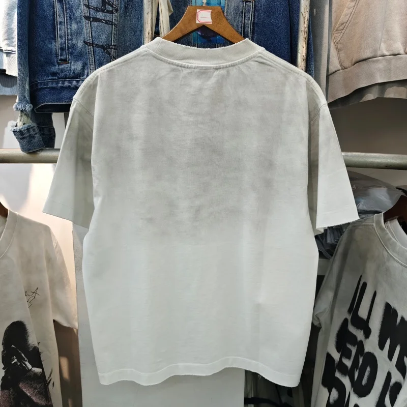 Vintage Distressed Men Short Sleeve T-Shirt Stacked Skull Print Heavyweight Washed Cotton Tee