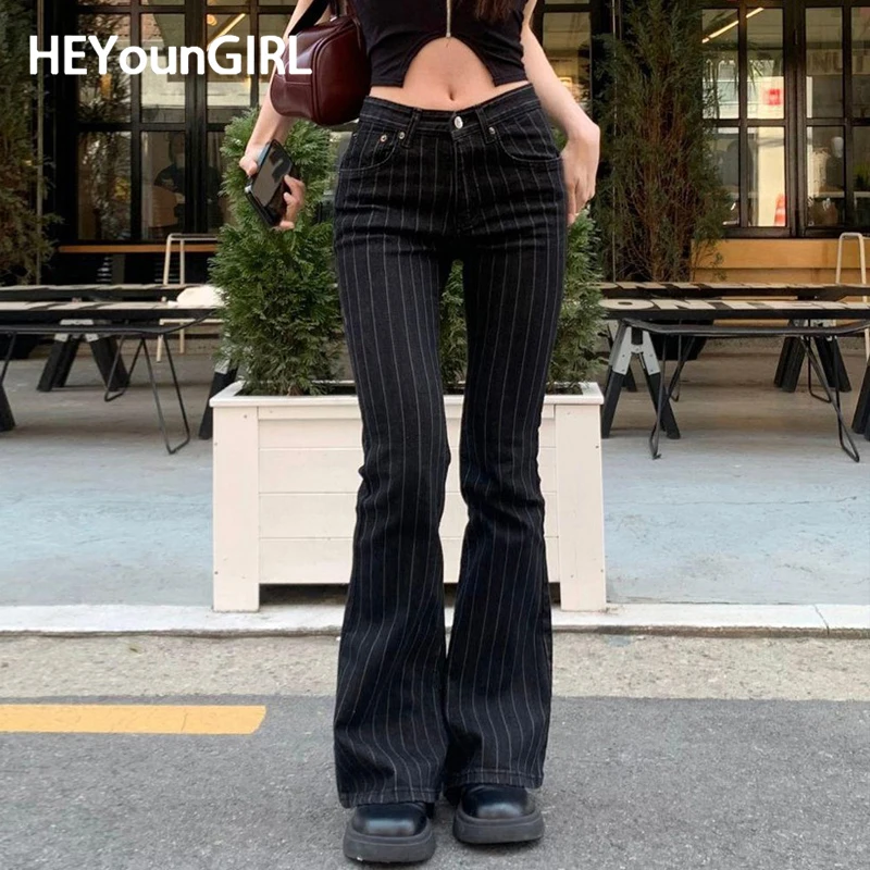 

HEYounGIRL Y2K Fashion Striped Flare Jeans Women Low Waist Slim Fit Denim Pants Streetwear Vintage Casual Trousers Summer Outfit