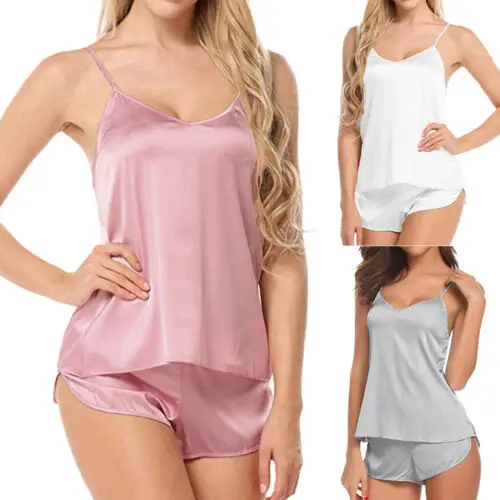 Women Sexy 2PCS Lingerie Set, Loose Solid Color Sling Low Chest Top, Short Elastic Band Pants, Summer Sleepwear Set