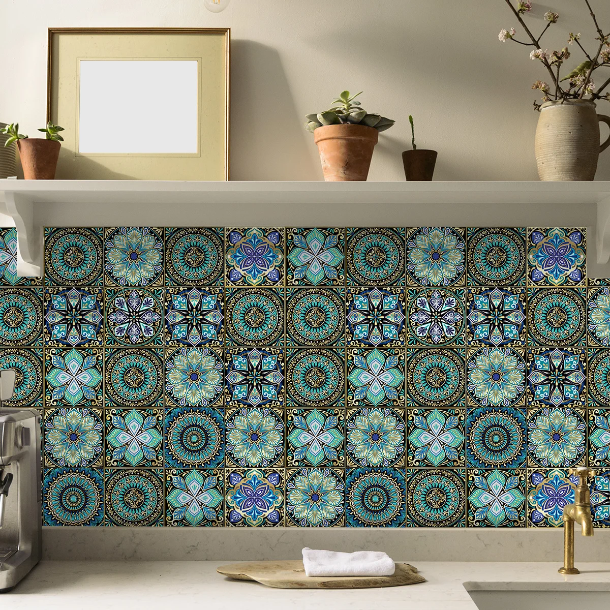 24pcs Moroccan Wall Art Ceramic Tile Stickers Kitchen Living Room Waterproof Self-Adhesive PVC Wall Stickers Room Decoration