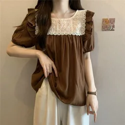 Sweet Square Collar Lace Folds Puff Sleeve Ruffles T-Shirts Female Clothing 2024 Summer New Loose Sweet Tops Casual Tee Shirt