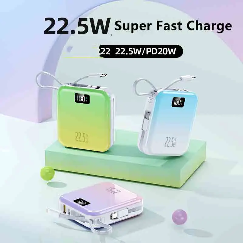 

10000mAh Large Capacity Power Bank Built-in 2 Cable 22.5W Fast Charging Gradient Color Mobile Power Bank For iPhone for Samsung