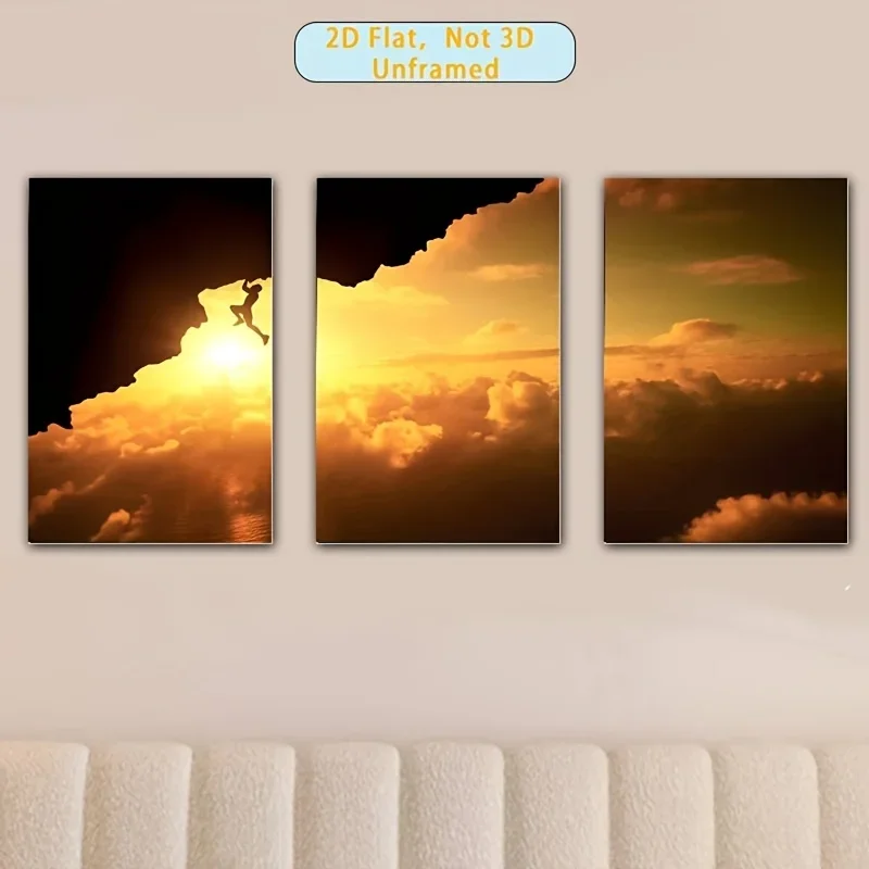 2D Flat, 2D Flat, 3pcs Set, 2D Flat Product Without Frame, Wall Decoration, Canvas Printed Painting, Climbing in Clear Sky, H