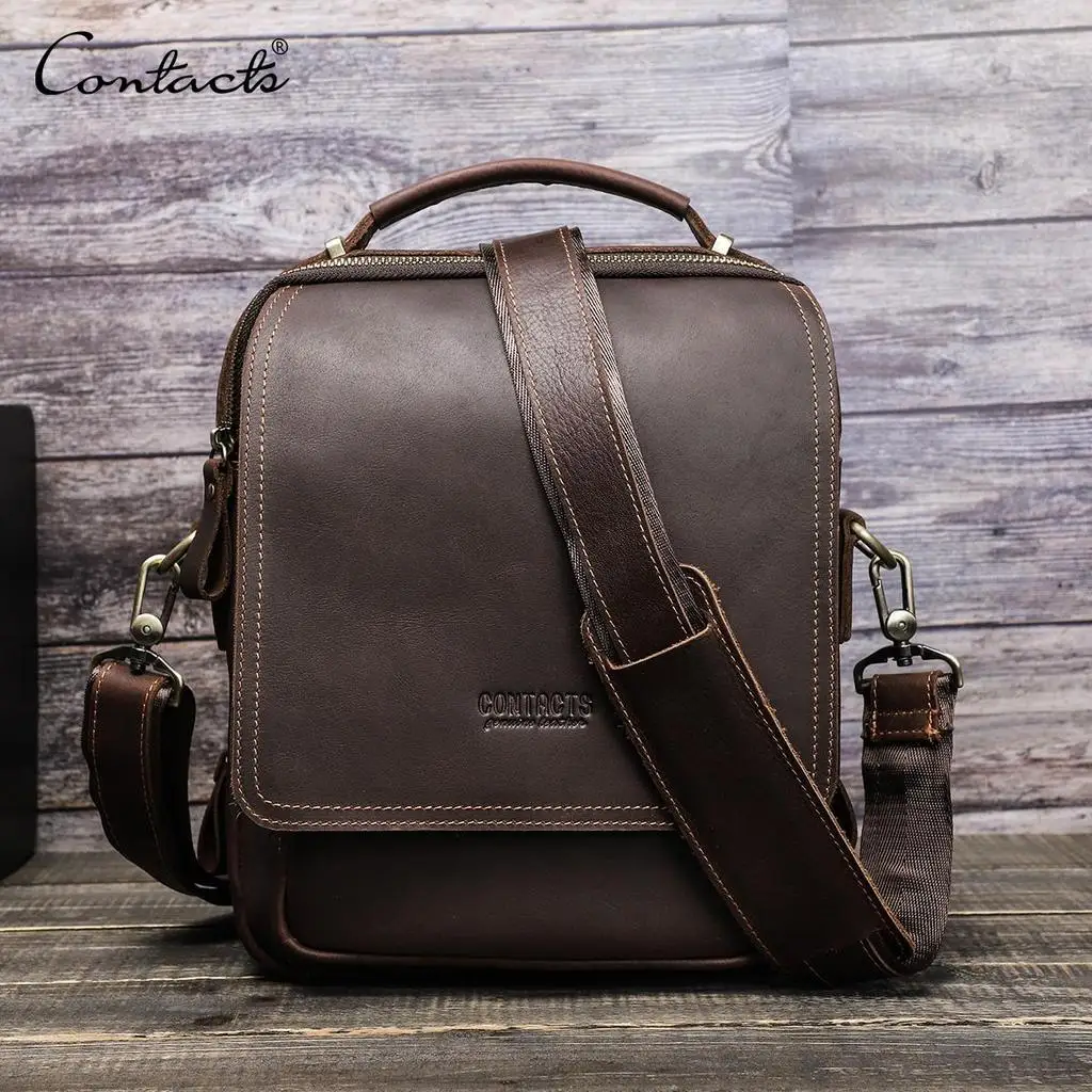 CONTACT'S Crazy Horse Leather Men Messenge Bag Vintage Crossbody Shoulder Bags Multifunction Small Handbag for 10.5