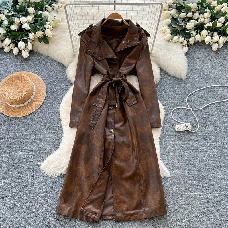French retro British style fashionable lapel collar long sleeved lace-up waist women high-end elegant windbreaker jacket