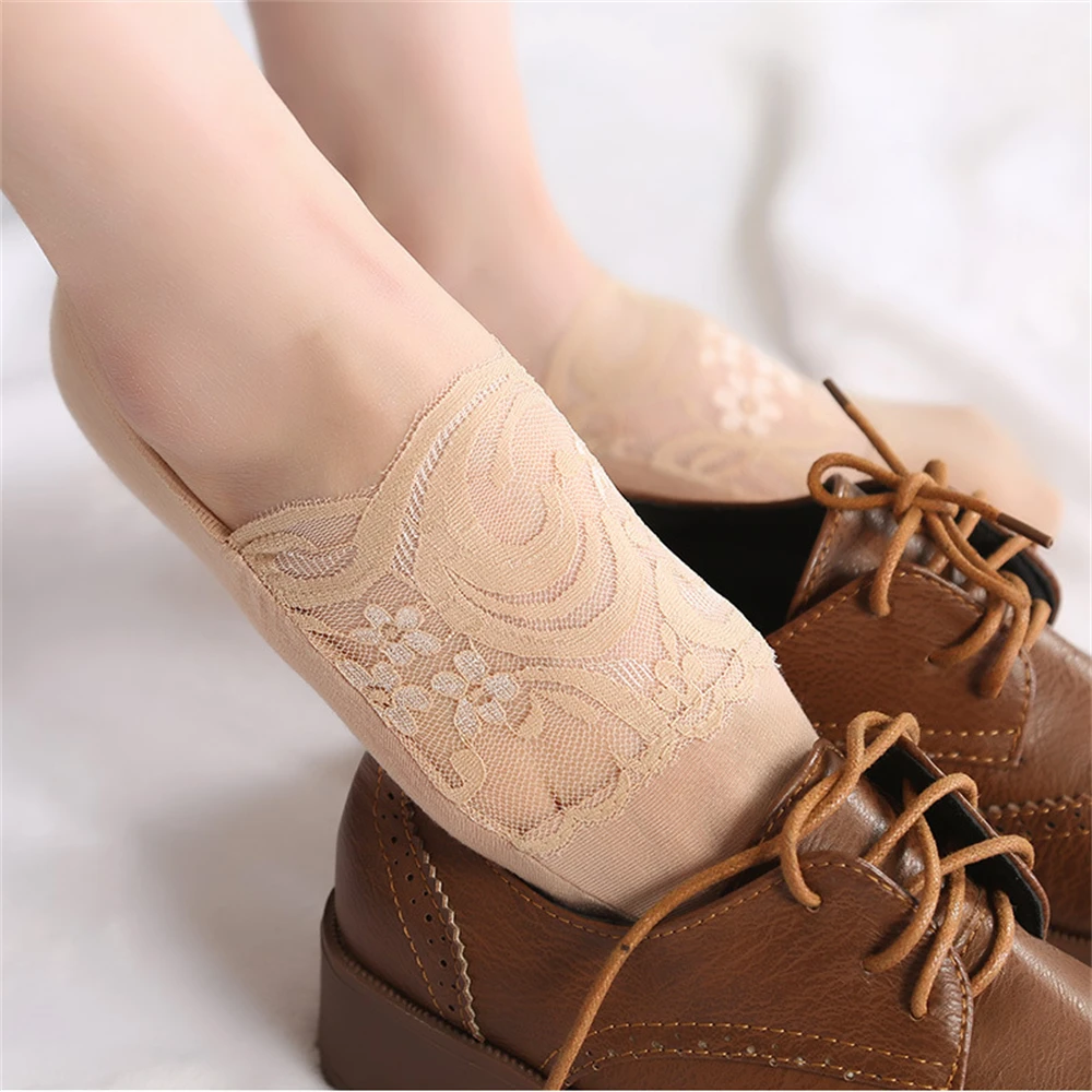 Summer Lace Boat Socks Shallow Mouth Invisible Anti Slip Thin Version Women's Cotton Sole Patchwork Fashion Mesh Sokken