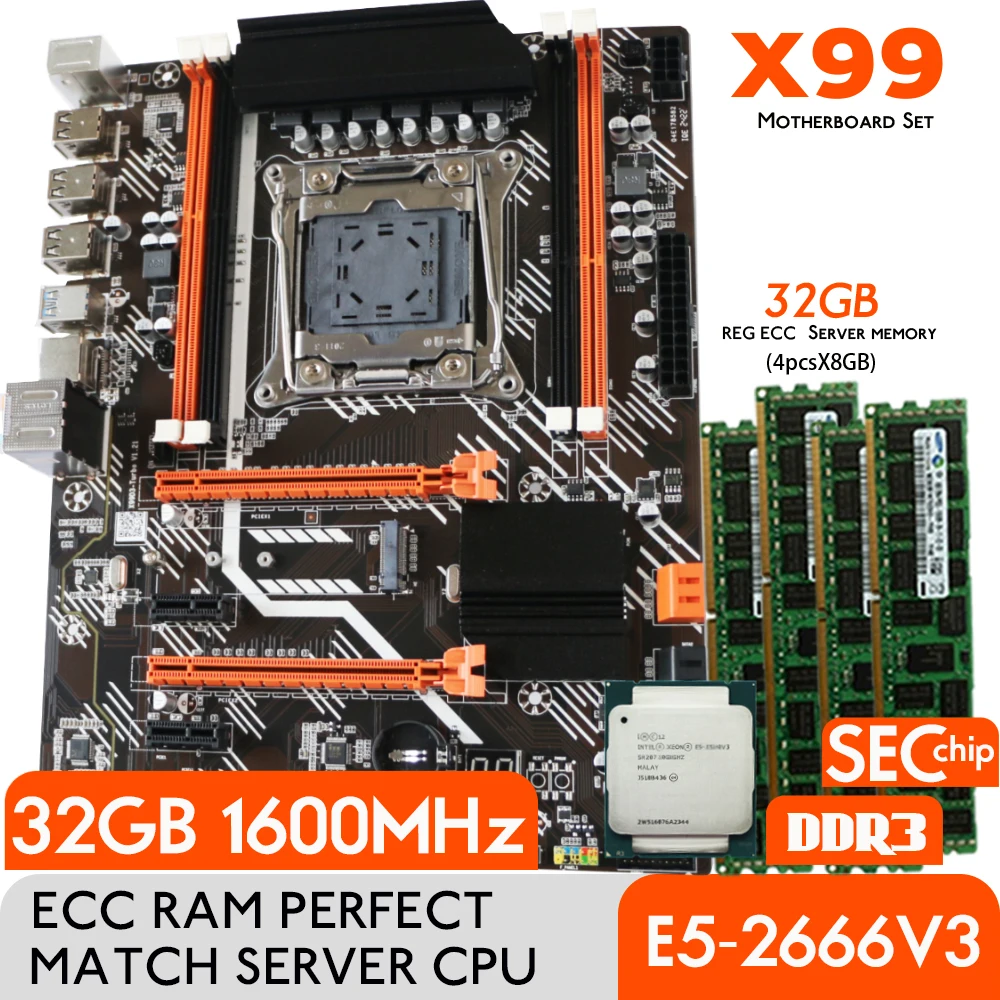 Oeny  X99 Turbo Motherboard Combo Kit Set XEON E5 2666 V3 LGA 2011-3 CPU 4pcs X 8GB =32GB 1600MHz DDR3 Memory REG ECC Ram