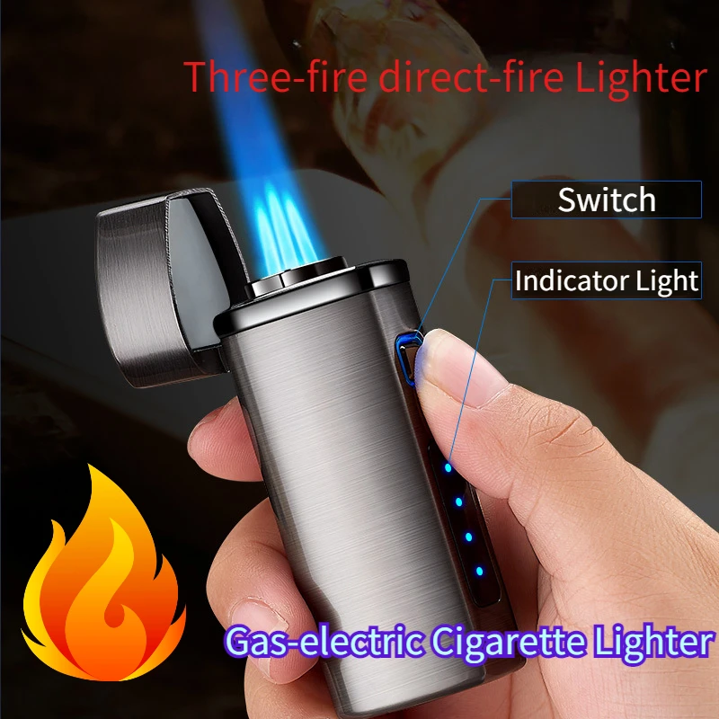 

New Three-head Direct Injection Blue Flame Cigar Fire Inflatable Windproof Lighter Gas-Electricity Electronic Lighters & Smoking