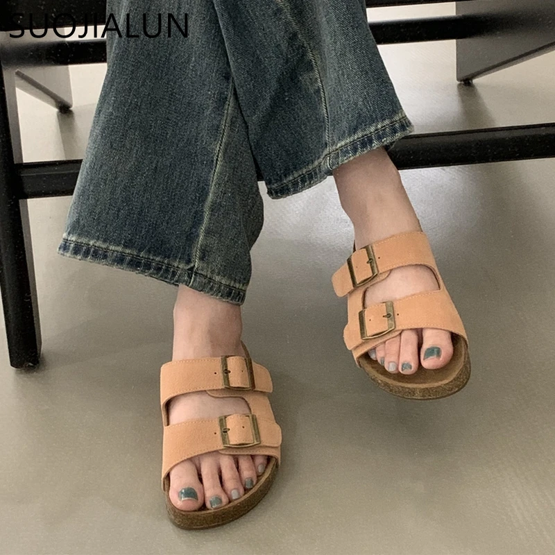 SUOJIALUN Summer New Brand Women Slipper Fashion Buckle Ladies Flat Heel Casual Slides Open Toe Slip On Outdoor Slides Shoes