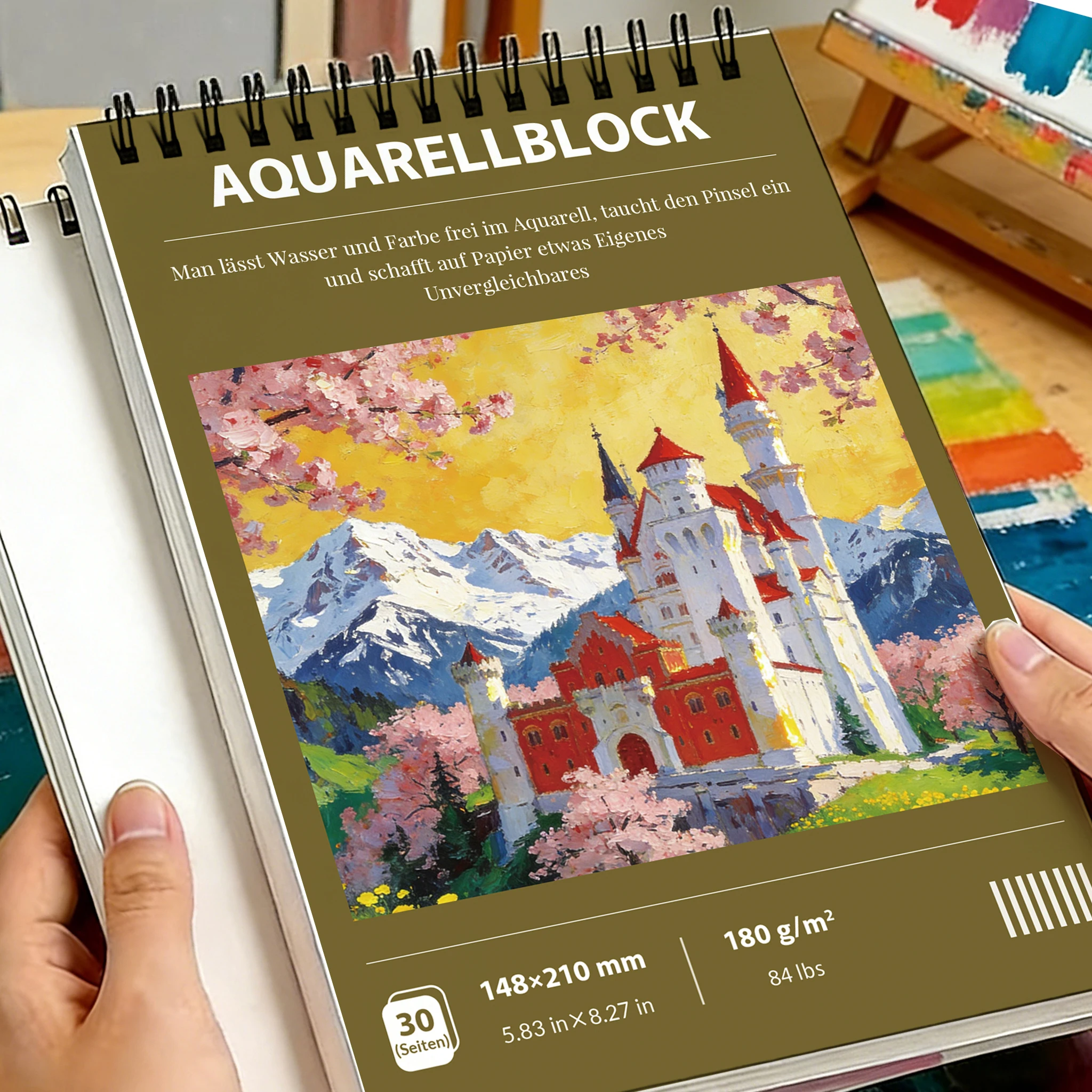 Bloc de dessin A4 spirale pour aquarelle, 180 g/m², couverture Château de Neuschwanstein Fleur de cerisier, 30 feuilles, carnet de croquis sans acide pour la rentrée scolaire