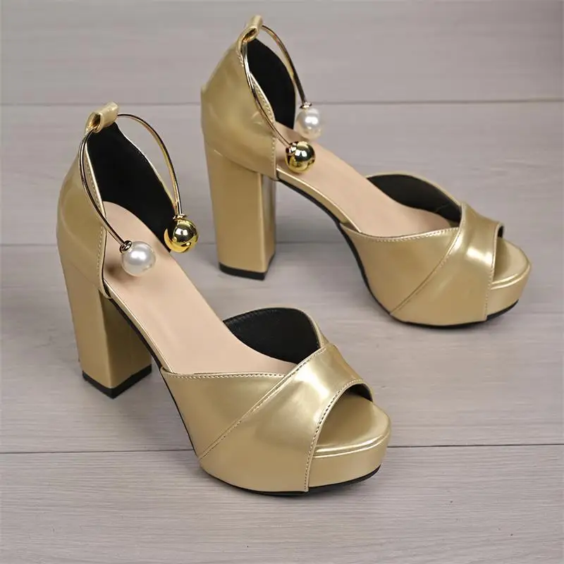 Sandalias con correa en el tobillo y decoración de perlas para mujer, elegantes sandalias de plataforma con tacones altos, color plateado, dorado, rosa, sandalias de fiesta, zapatos de boda
