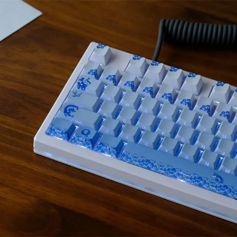 136 teclas pbt keycaps cereja altamente gravado lateralmente translúcido tampa de chave azul e branco porcelana personalizada ou teclado mecânico