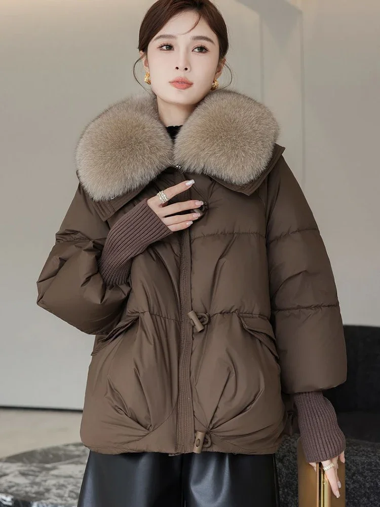 Winter New Fur Collar Puffer Down Parka Women Loose Down Warm Thicken Snow Jacket Big Pocket Zipper Faux Fur Outerwear Female